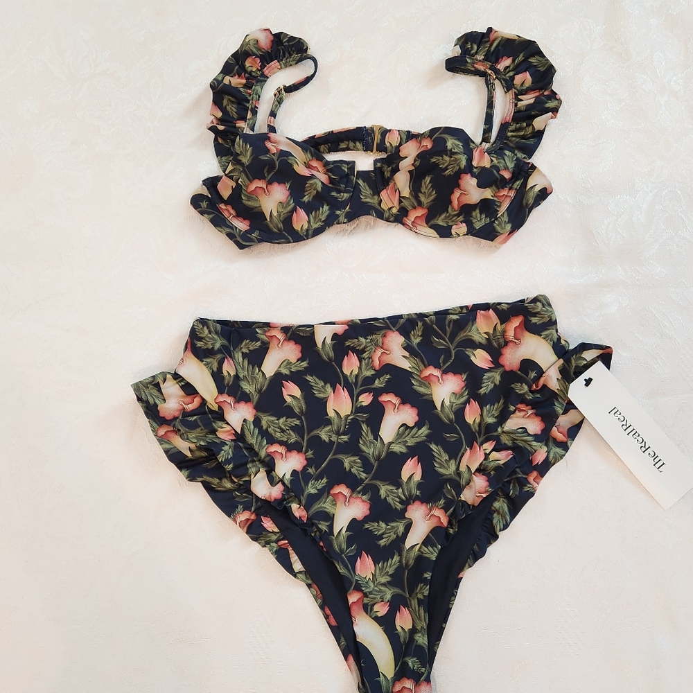 Agua by Agua Bendita Floral Bikini - Black and Pink